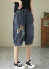 Fine Navy Embroideried Floral Denim Harem Pants