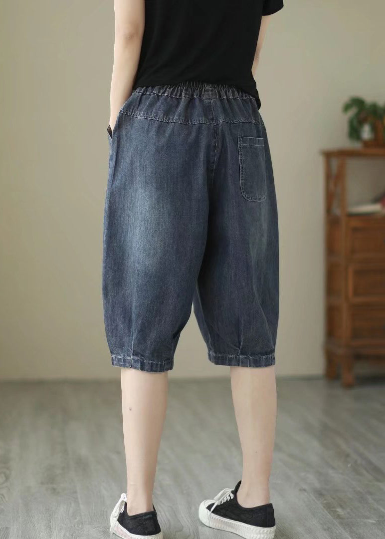 Fine Navy Embroideried Floral Denim Harem Pants