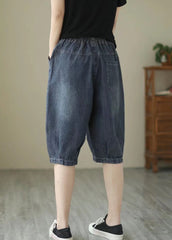 Fine Navy Embroideried Floral Denim Harem Pants