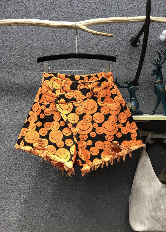 Fine Orange Print Patchwork Denim Wide Leg Shorts