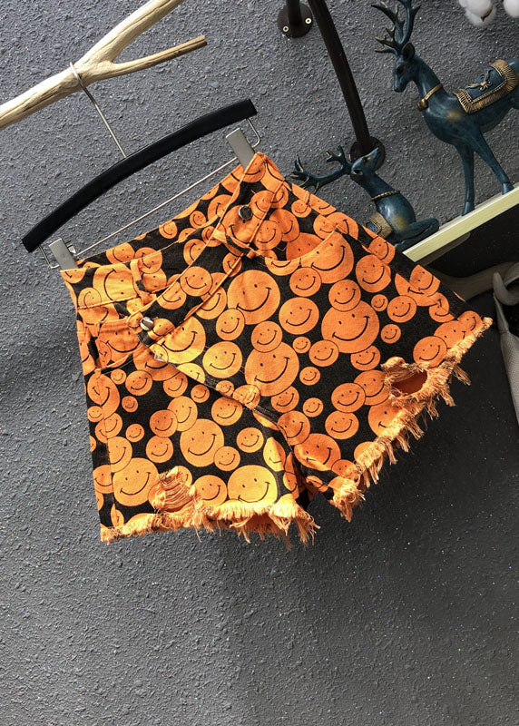 Fine Orange Print Patchwork Denim Wide Leg Shorts