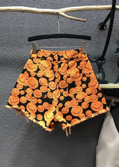 Fine Orange Print Patchwork Denim Wide Leg Shorts