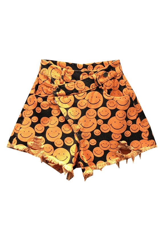 Fine Orange Print Patchwork Denim Wide Leg Shorts