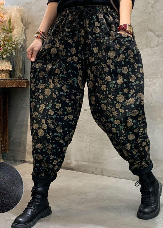 Pantalones vaqueros negros ajustados con forro polar y estampado floral para invierno