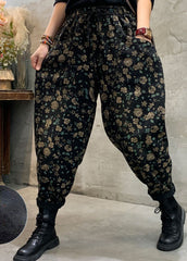 Fitted Black Fleece Lined Floral denim Pants Winter