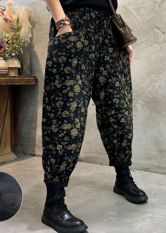 Pantalones vaqueros negros ajustados con forro polar y estampado floral para invierno