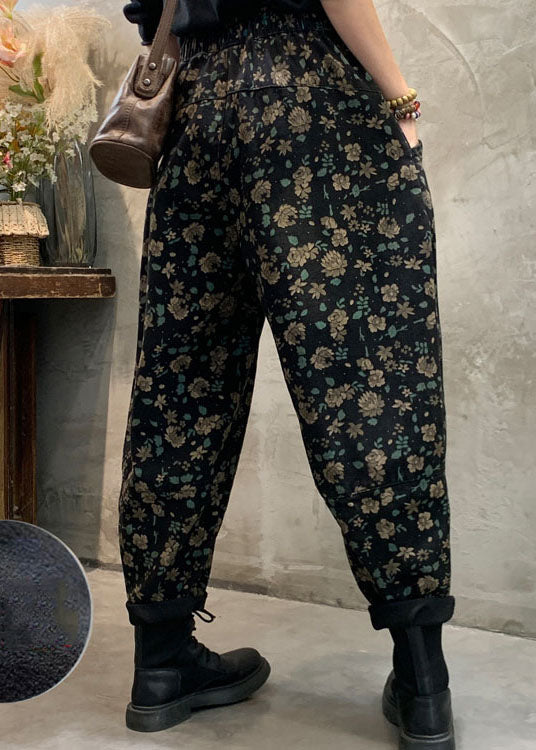 Pantalones vaqueros negros ajustados con forro polar y estampado floral para invierno