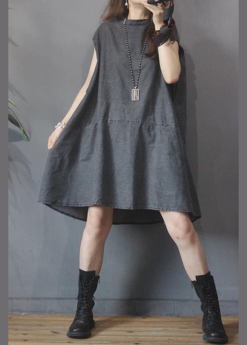 Fitted Black Grey O-Neck low high design Denim Mid Dress