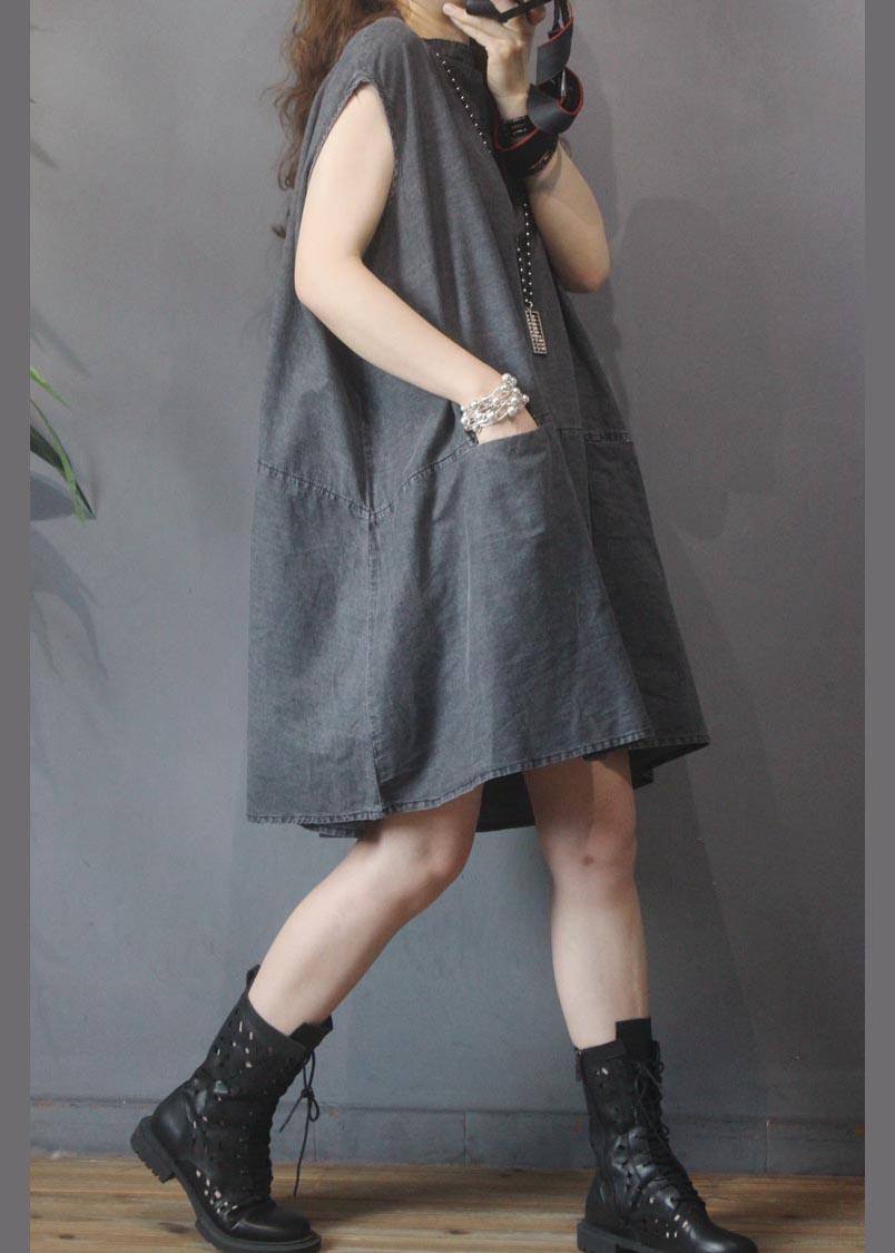 Fitted Black Grey O-Neck low high design Denim Mid Dress