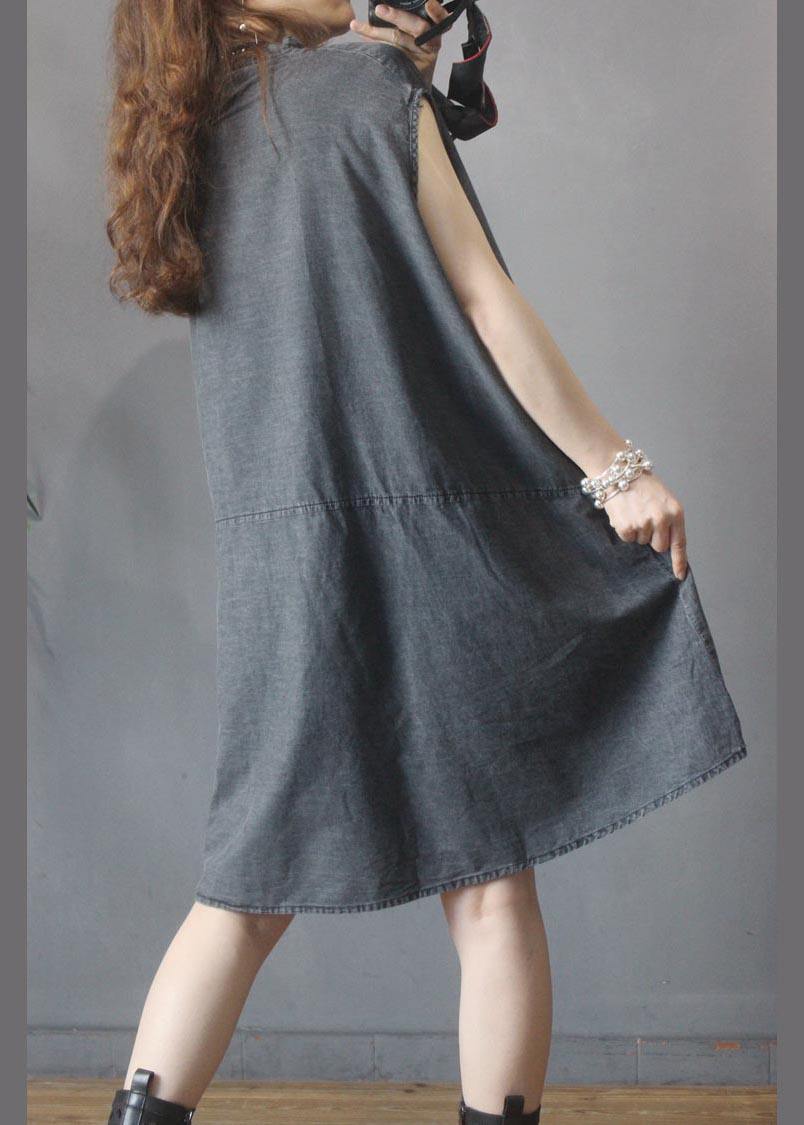 Fitted Black Grey O-Neck low high design Denim Mid Dress