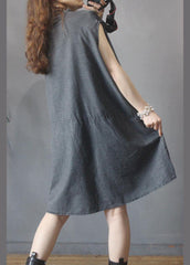 Fitted Black Grey O-Neck low high design Denim Mid Dress