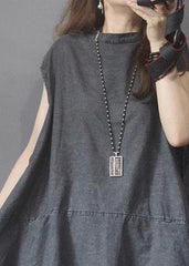 Fitted Black Grey O-Neck low high design Denim Mid Dress