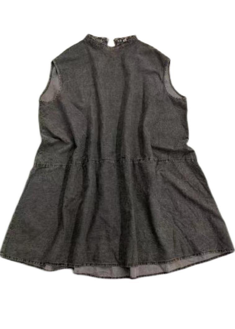 Fitted Black Grey O-Neck low high design Denim Mid Dress