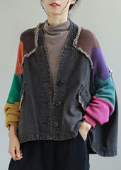 Fitted Black V Neck Pockets Patchwork denim coats