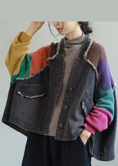 Fitted Black V Neck Pockets Patchwork denim coats