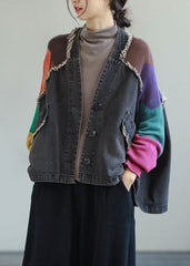 Fitted Black V Neck Pockets Patchwork denim coats