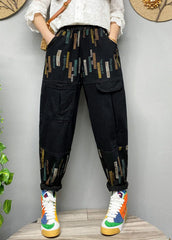 Fitted Black elastic waist Print denim Pants