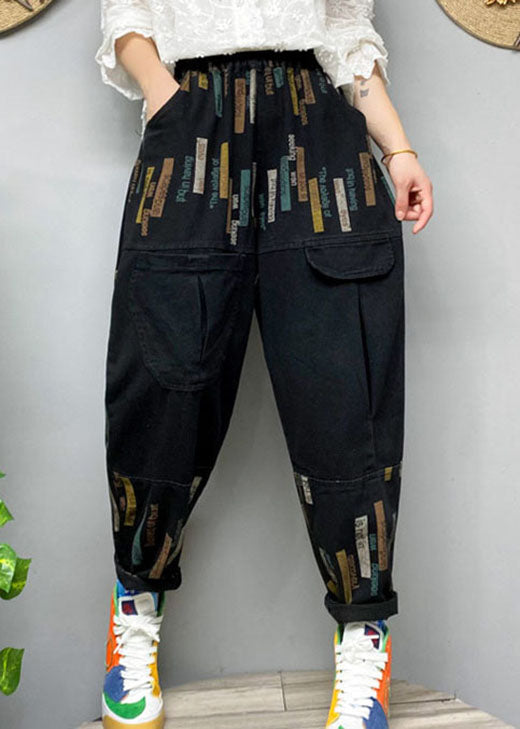 Fitted Black elastic waist Print denim Pants