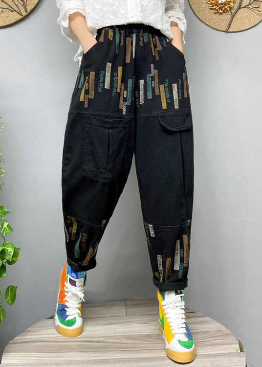 Fitted Black elastic waist Print denim Pants