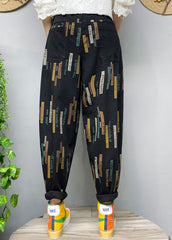 Fitted Black elastic waist Print denim Pants