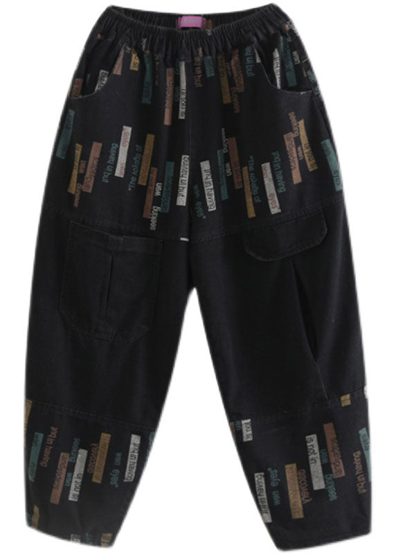 Fitted Black elastic waist Print denim Pants