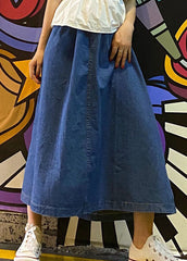 Fitted Blue High Waist Pockets Patchwork A Line Fall Denim Skirts