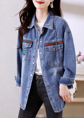 Fitted Blue Peter Pan Collar Button Patchwork Denim Coats Long Sleeve