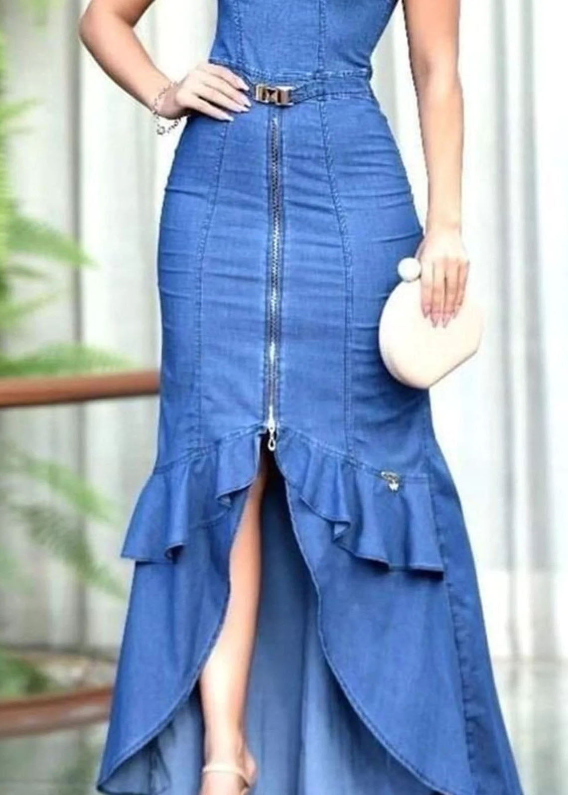 Fitted Blue Ruffled Zip Up Patchwork Denim Long Dress