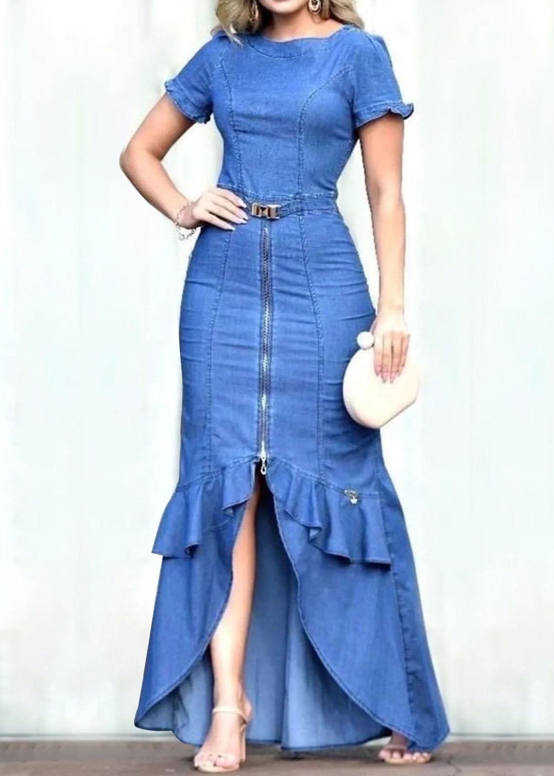 Fitted Blue Ruffled Zip Up Patchwork Denim Long Dress