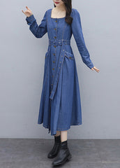 Fitted Blue Square Collar button Sashes pocket Cotton denim Dress Long Sleeve