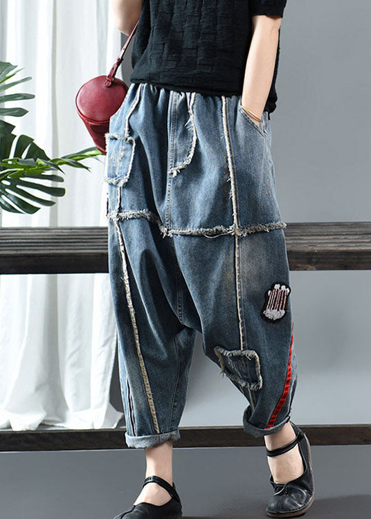 Fitted Denim blue Patchwork Print Fall Pants