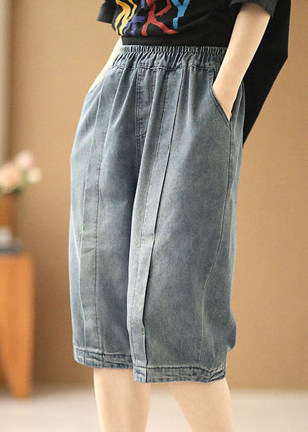 Fitted Light Blue Elastic Waist Pockets Patchwork Cotton Denim Shorts