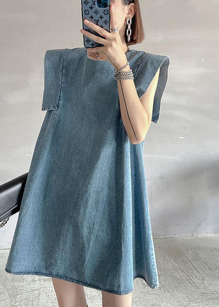 Fitted Light Blue Patchwork Denim Shift Dress