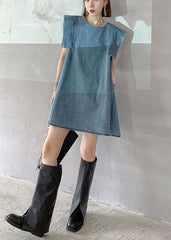 Fitted Light Blue Patchwork Denim Shift Dress