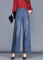 Fitted Navy High Waist Draping Pockets Cotton Denim Wide Leg Pants