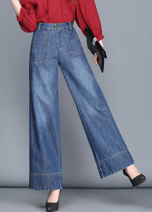 Fitted Navy High Waist Draping Pockets Cotton Denim Wide Leg Pants