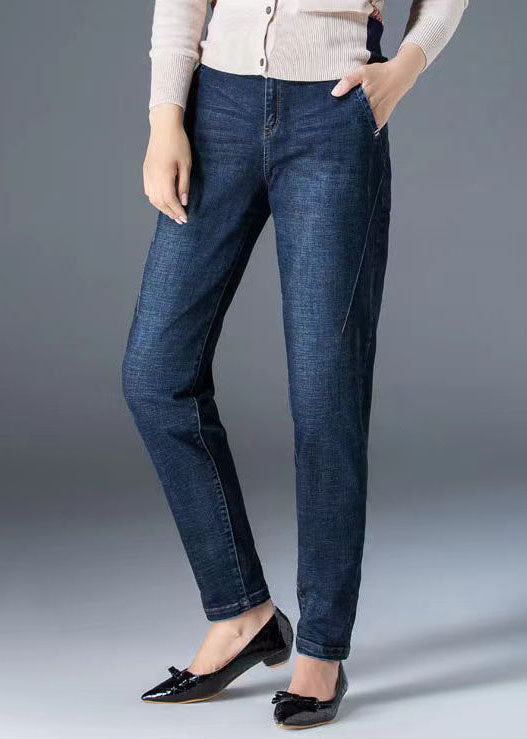Pantalones vaqueros de algodón de color liso con bolsillos y cintura alta en azul marino ajustados para otoño