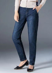 Pantalones vaqueros de algodón de color liso con bolsillos y cintura alta en azul marino ajustados para otoño