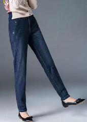 Pantalones vaqueros de algodón de color liso con bolsillos y cintura alta en azul marino ajustados para otoño