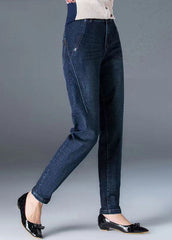 Pantalones vaqueros de algodón de color liso con bolsillos y cintura alta en azul marino ajustados para otoño