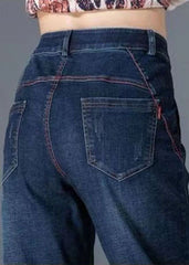 Pantalones vaqueros de algodón de color liso con bolsillos y cintura alta en azul marino ajustados para otoño