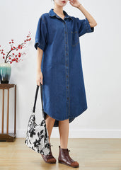 Fitted Navy Peter Pan Collar Slim Fit Denim Long Dresses