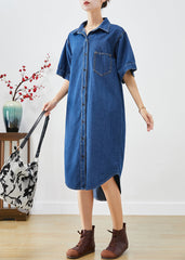 Fitted Navy Peter Pan Collar Slim Fit Denim Long Dresses