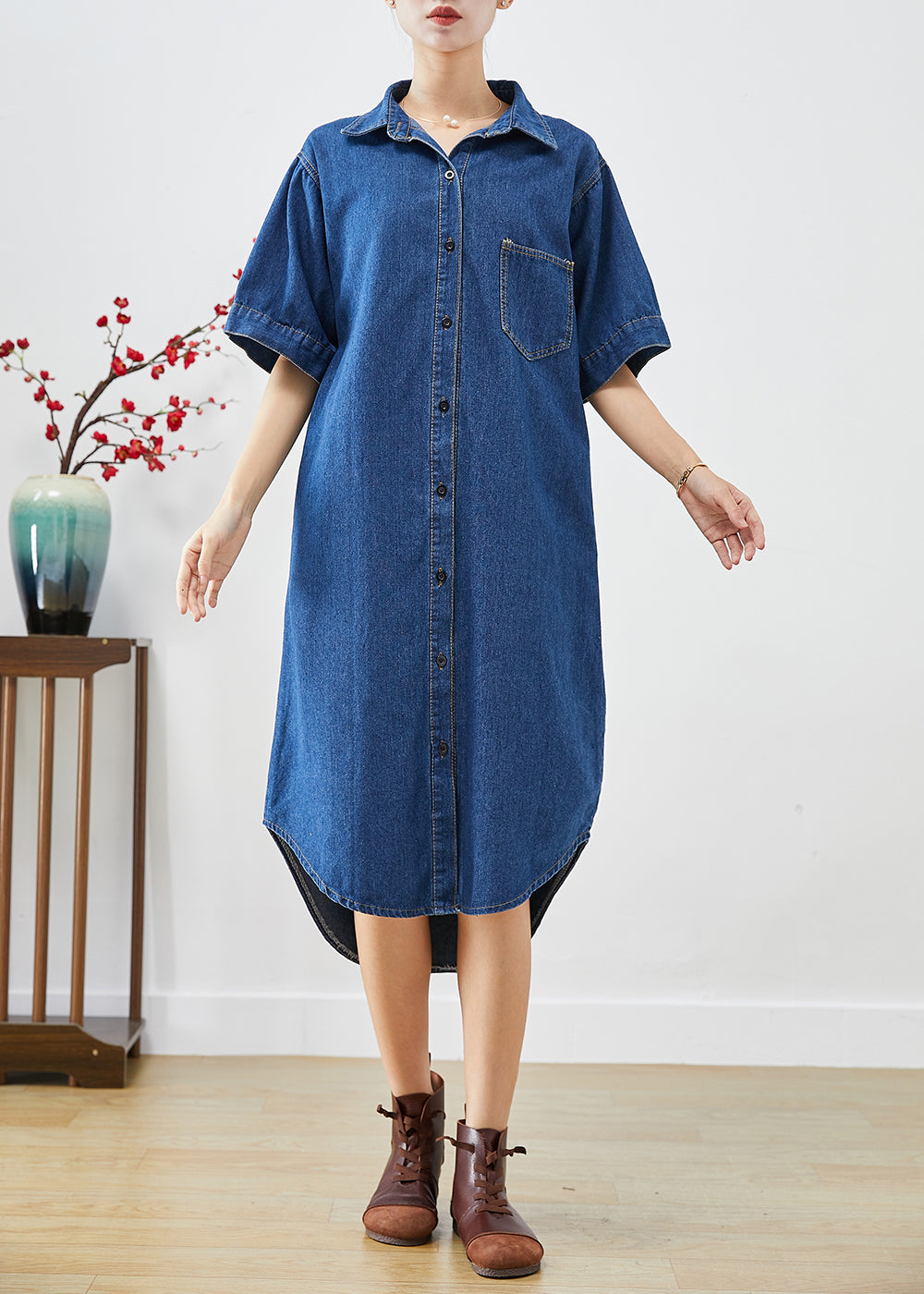 Fitted Navy Peter Pan Collar Slim Fit Denim Long Dresses