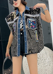 Fitted Peter Pan Collar Patchwork Sequins Zircon Button Denim Waistcoat Sleeveless