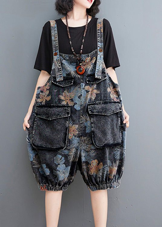 Fitted Print Patchwork Button Denim Lantern Jumpsuits