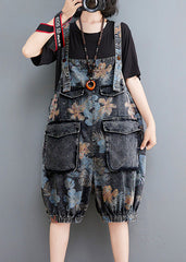 Fitted Print Patchwork Button Denim Lantern Jumpsuits