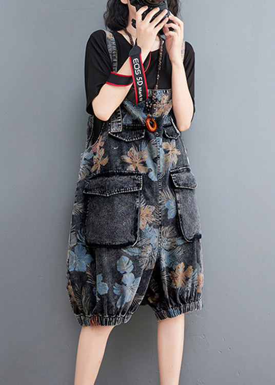 Fitted Print Patchwork Button Denim Lantern Jumpsuits