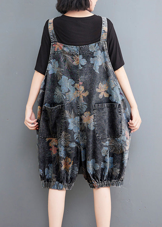 Fitted Print Patchwork Button Denim Lantern Jumpsuits