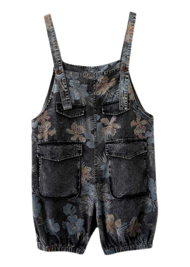 Fitted Print Patchwork Button Denim Lantern Jumpsuits